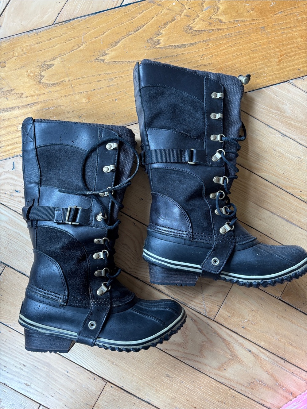 Sorel Black Lace-Up Winter Boots with Buckle Detail